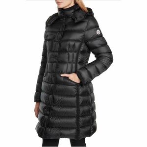 Moncler Hermine Grosgrain Trim Quilted Down Puffer Coat with Fur